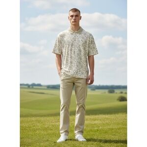 Callaway Golf Sport DrySport Men Large Tan Cream Botanical Leaf Print Polo Shirt